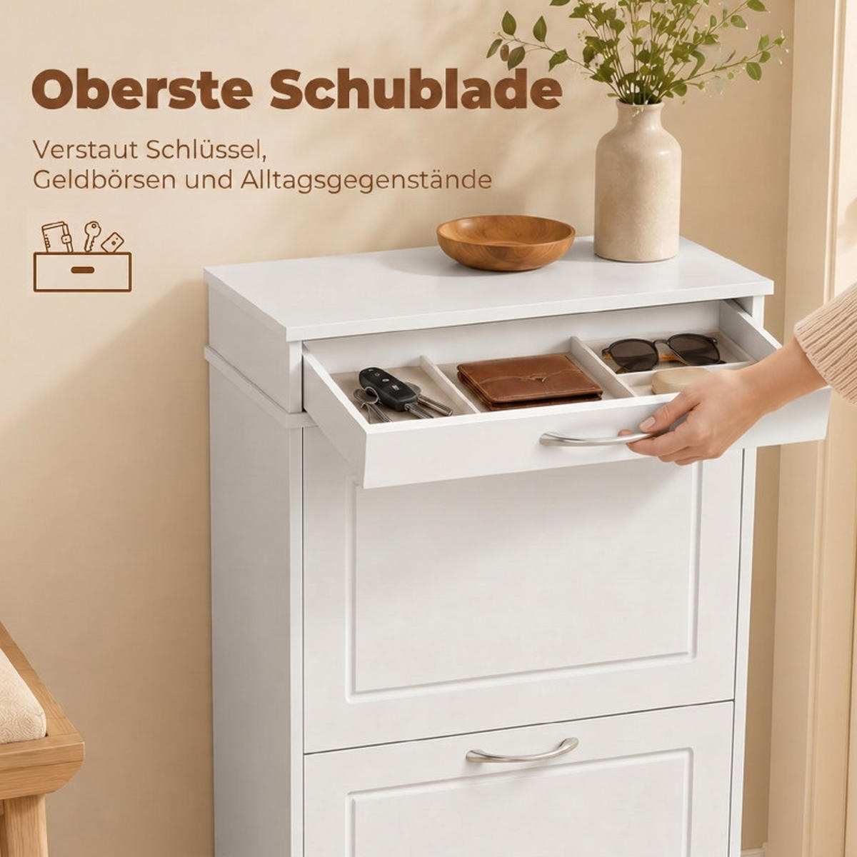 SCHUHKIPPER DE-38050 53/26,5/89 cm mit 2 Klappfächern und Schublade Weiß - Weiß, Holzwerkstoff (53/89/26.5cm) - ComfortXL