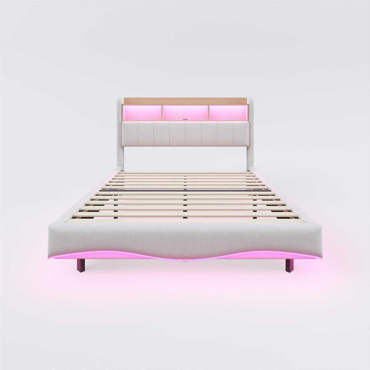 POLSTERBETT 160/200 cm aus Leinenstoff mit LED-Beleuchtung und USB- und Type-C-Anschlüssen beige - Beige, Textil (160/200cm) - OKWISH