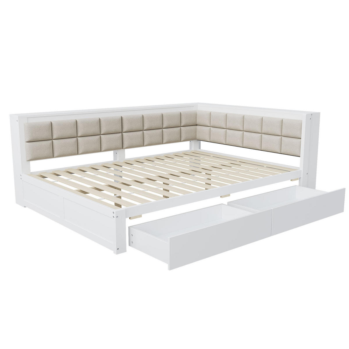 BETT 140/200 cm aus Kiefernholz mit weicher Rückenlehne und Stauraumschubladen in Weiß - Weiß, Holz (140/200cm) - OKWISH