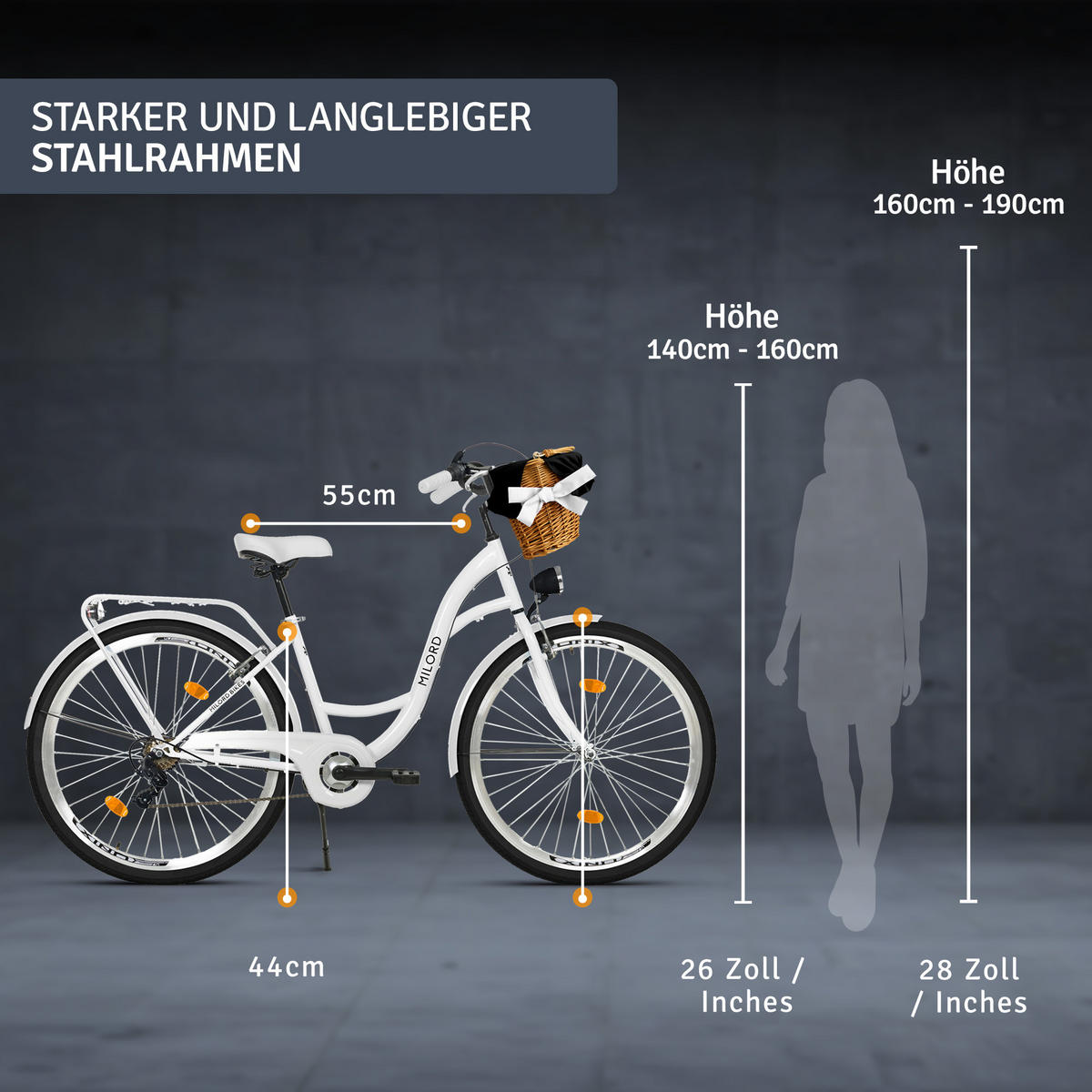 CITY-FAHRRAD Milord mit Weidenkorb, 28 Zoll, Weiß, 7-Gang - Weiß, Metall (46cm) - Milordbikes