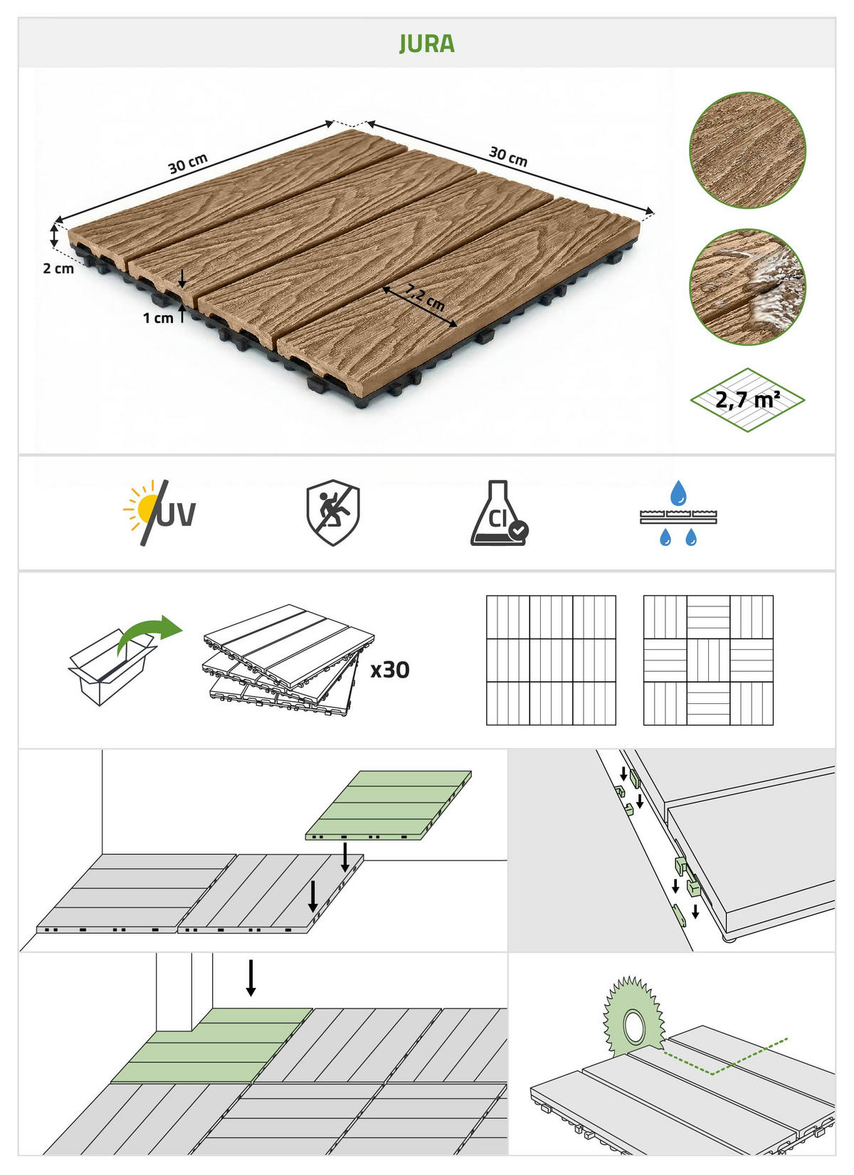 30ER-SET TERRASSENFLIESEN JURA 30x30cm Teak-Verbund - Teakfarben, Holzwerkstoff (30/30/2cm) - Casanoov