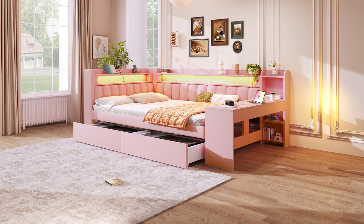 TAGESBETT 140x200 cm mit LED-Beleuchtung, USB-Anschluss, Schreibtisch und zwei Schubladen, gepolstert, rosa - Rosa, Holzwerkstoff (140/200cm) - Luhomfu