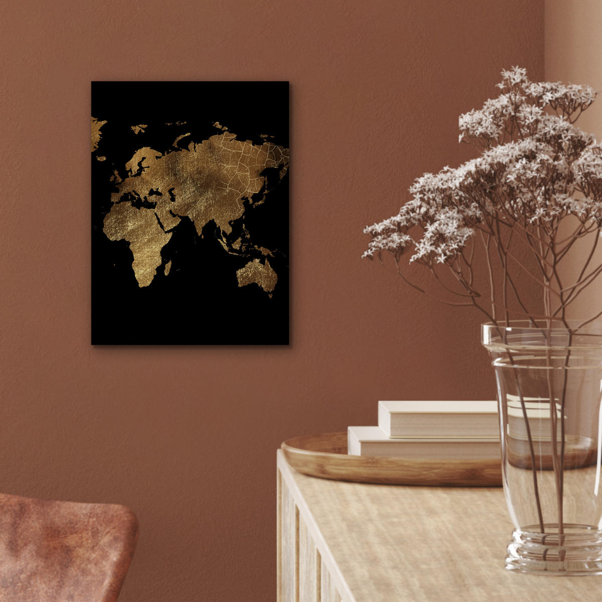 KOVOVÝ OBRAZ Mapa sveta - Zlato - Luxus - Zem - Čierna 30x40 cm - zlatá, kov (30/40cm) - MuchoWow