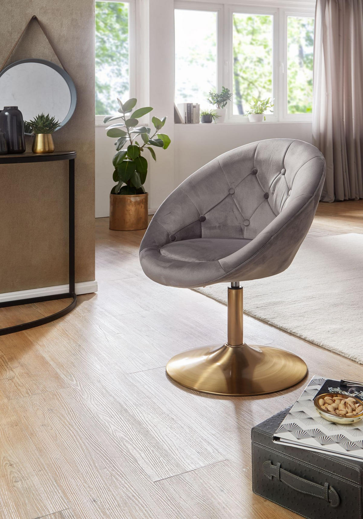 LOUNGESESSEL Chesterfield-Stil mit Samtbezug und 360° Drehfunktion, Grau 67x62x100 cm - Goldfarben/Grau, Textil/Metall (67/100/62cm) - KADIMA DESIGN