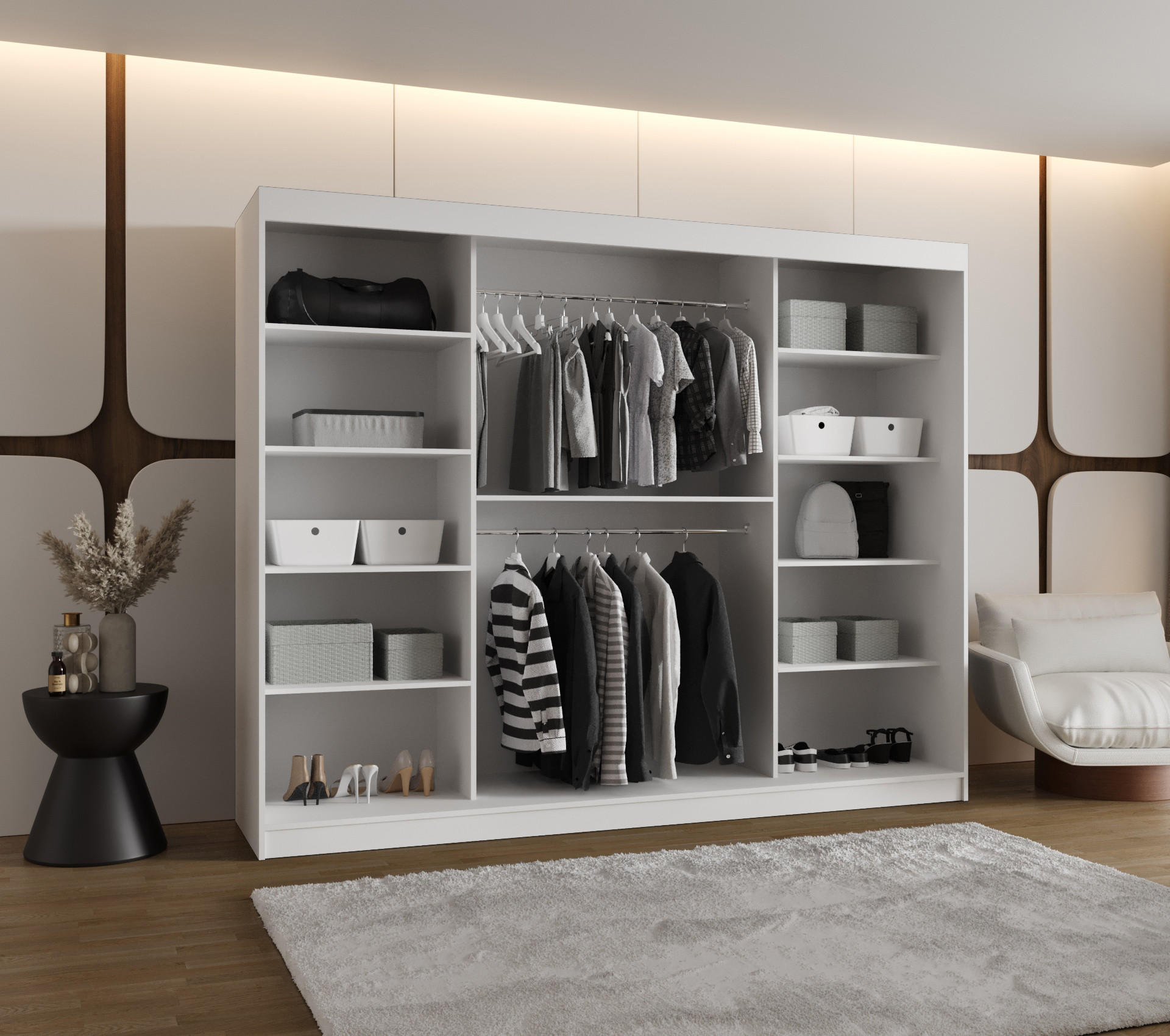 Thumbnail - Möbel Kryspol Schwebetürenschrank, Weiß, Holz, Nachbildung, 9 Fächer, 250x200x62 cm, Schlafzimmer, Kleiderschränke, Schw...