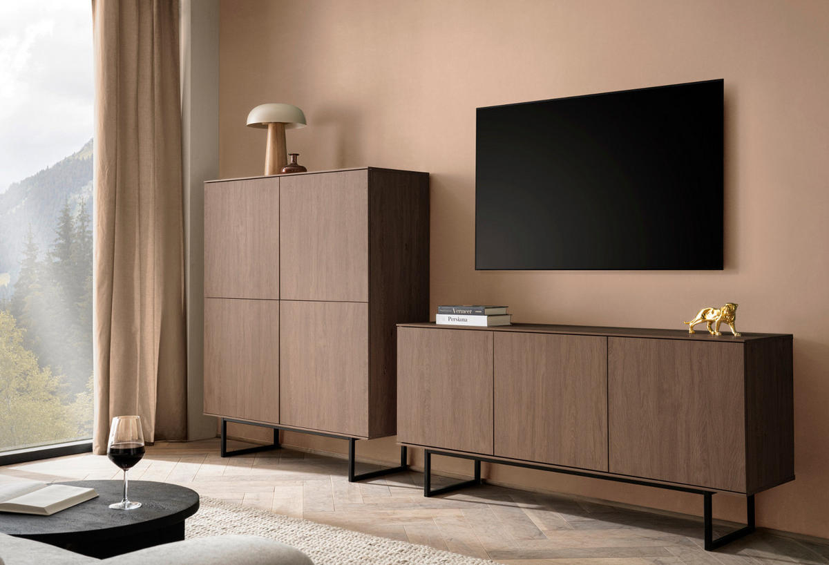 WOHNWAND in Nussbaum 2-teilig 280 cm, Wohnkombination mit Push-to-Open - Nussbaumfarben/Schwarz, Holzwerkstoff/Metall (280/137/40cm) - Furn.Design