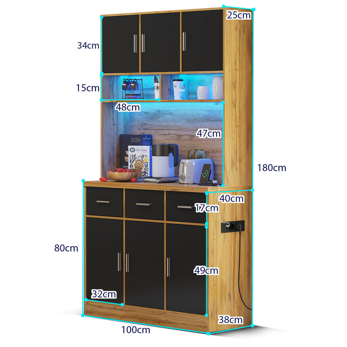 KÜCHENBUFFET in Schwarz und Naturfarbe Küchenschrank mit LED und Schubladen für Küchen und Esszimmer, B100/T40/H180 cm - Schwarz, Holzwerkstoff (100/180/40cm) - STILVORA