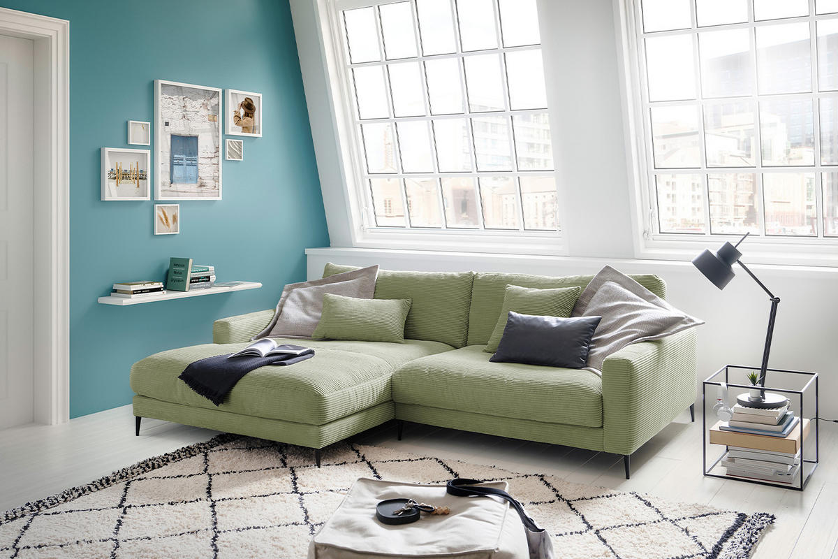ECKSOFA CARA Grün Cord - Schwarz/Grün, Textil/Metall (272/190cm) - KAWOLA