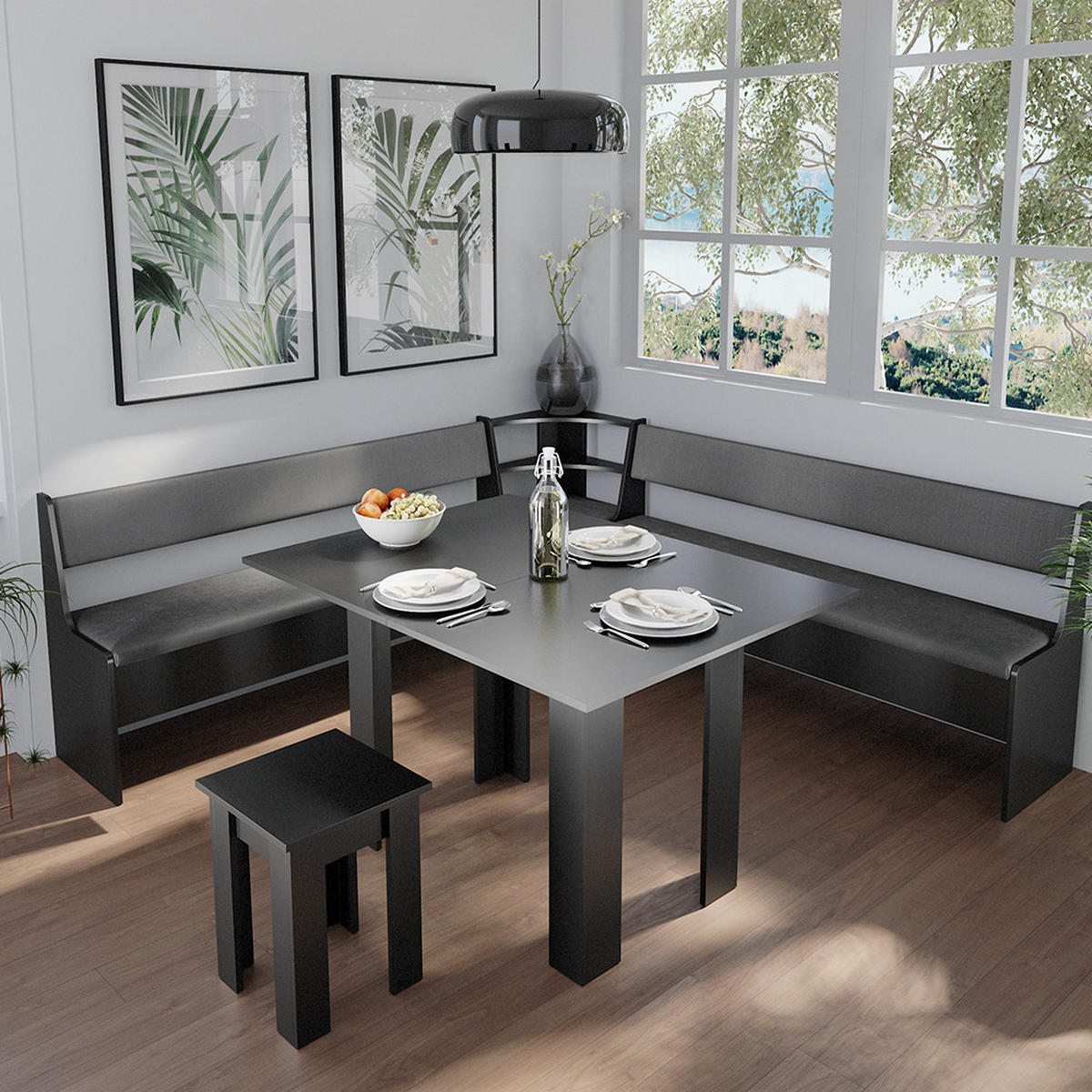 ECKBANKGRUPPE Roman Schwarz 210 x 41.5 cm mit Tisch - Schwarz, Holzwerkstoff (210/80/210cm) - Vicco