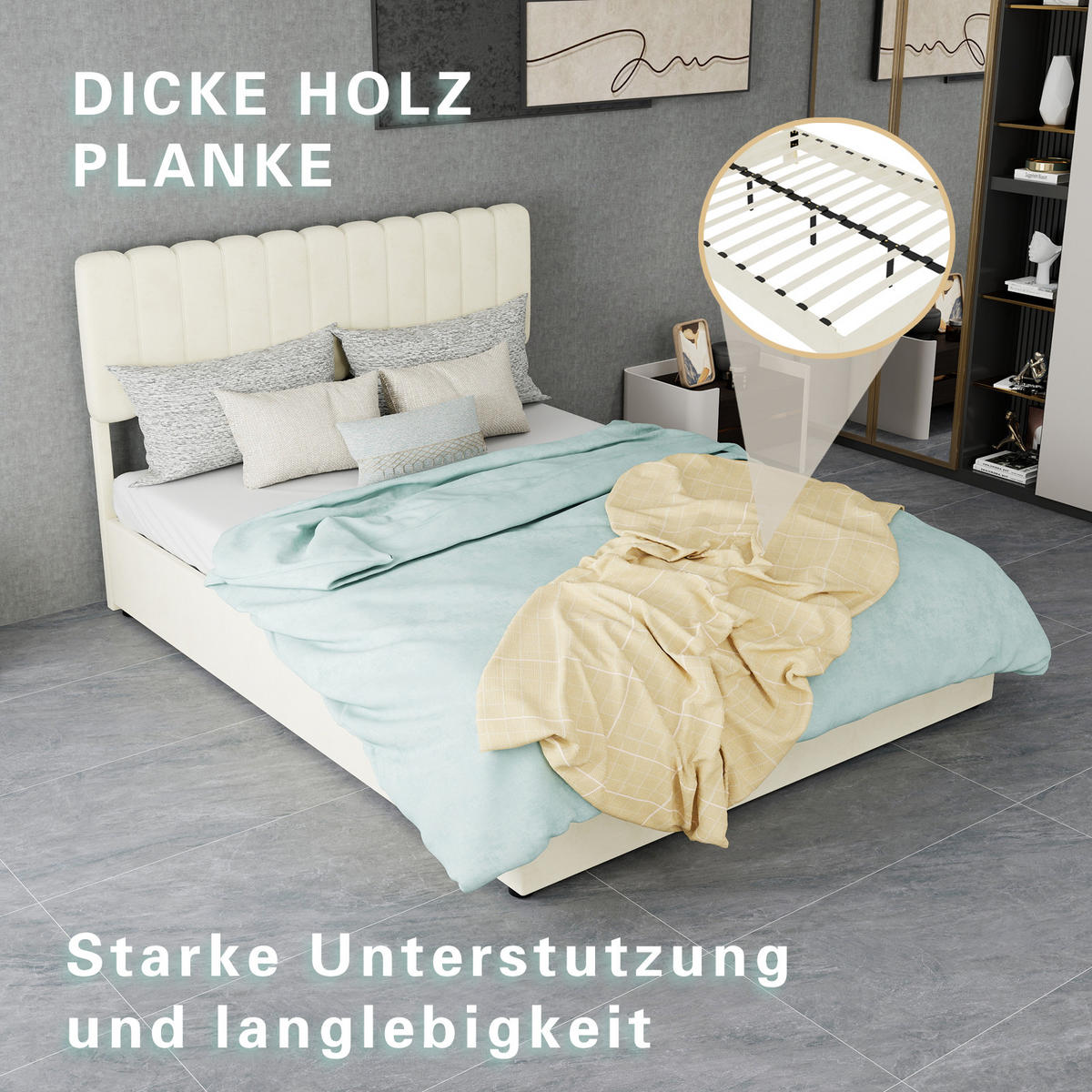 POLSTERBETT 140/200 cm in Beige Samt mit Kopfteil - Modern entspannen - Beige, Holzwerkstoff/Textil (140/200cm) - STILVORA