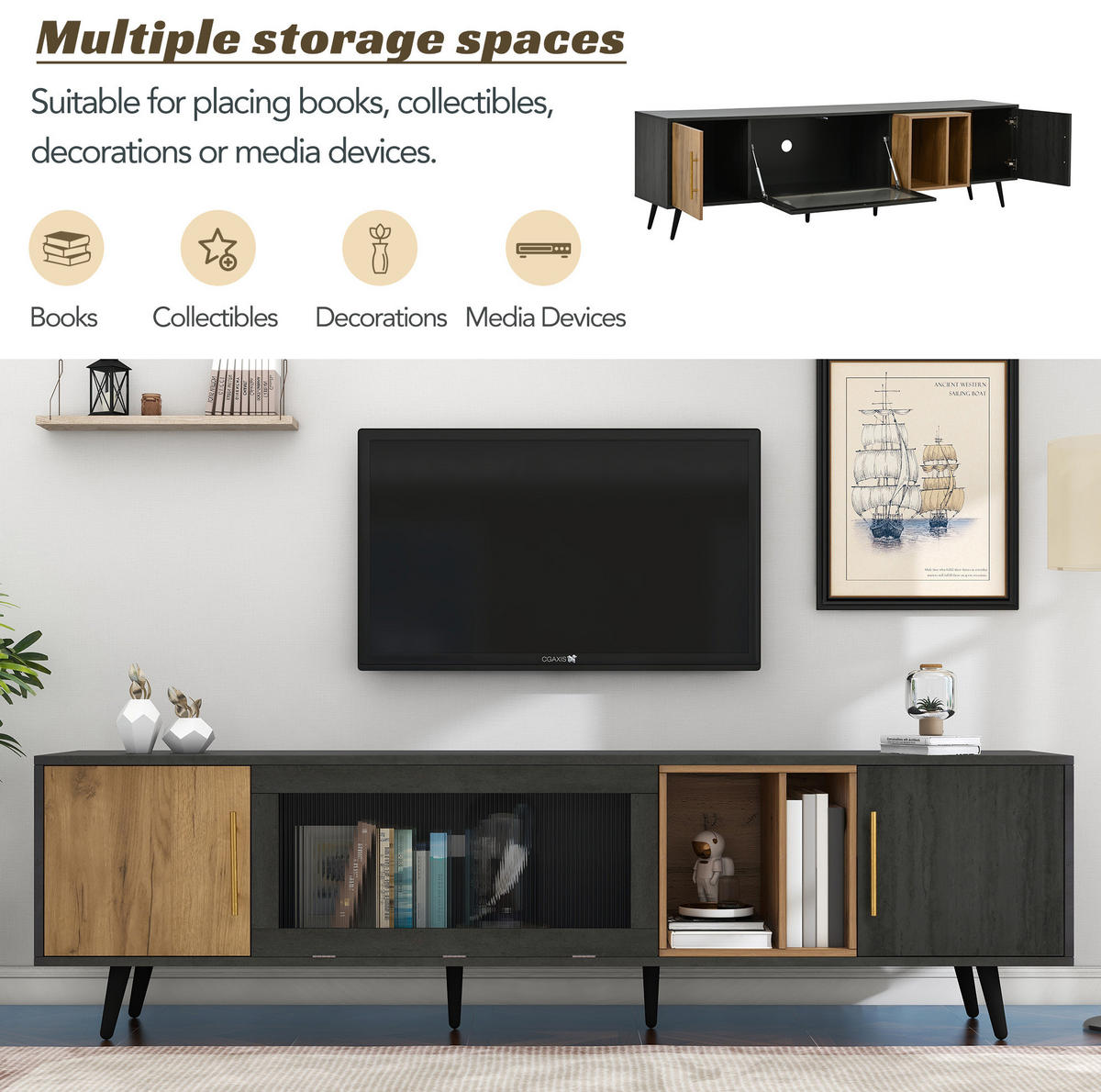 LOWBOARD 200/40/55.5 cm in Grau und Braun aus MDF mit Kabelmanagement - Grau, Holzwerkstoff (40/55.5/200cm) - OKMYHOME