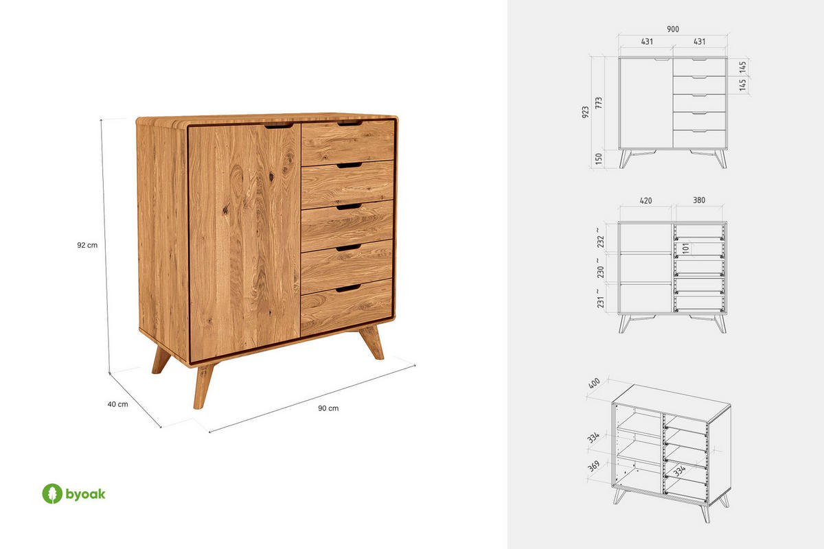KOMMODE HOCH GREG Kernbuche - Kernbuche, Holz (90/92/40cm) - byoak