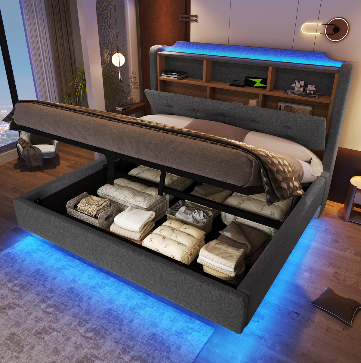 ČALOUNĚNÁ postel 140/200 cm šedá z lnu s LED osvětlením, úložným prostorem a USB-C - šedá, textil (140/200cm) - OKWISH