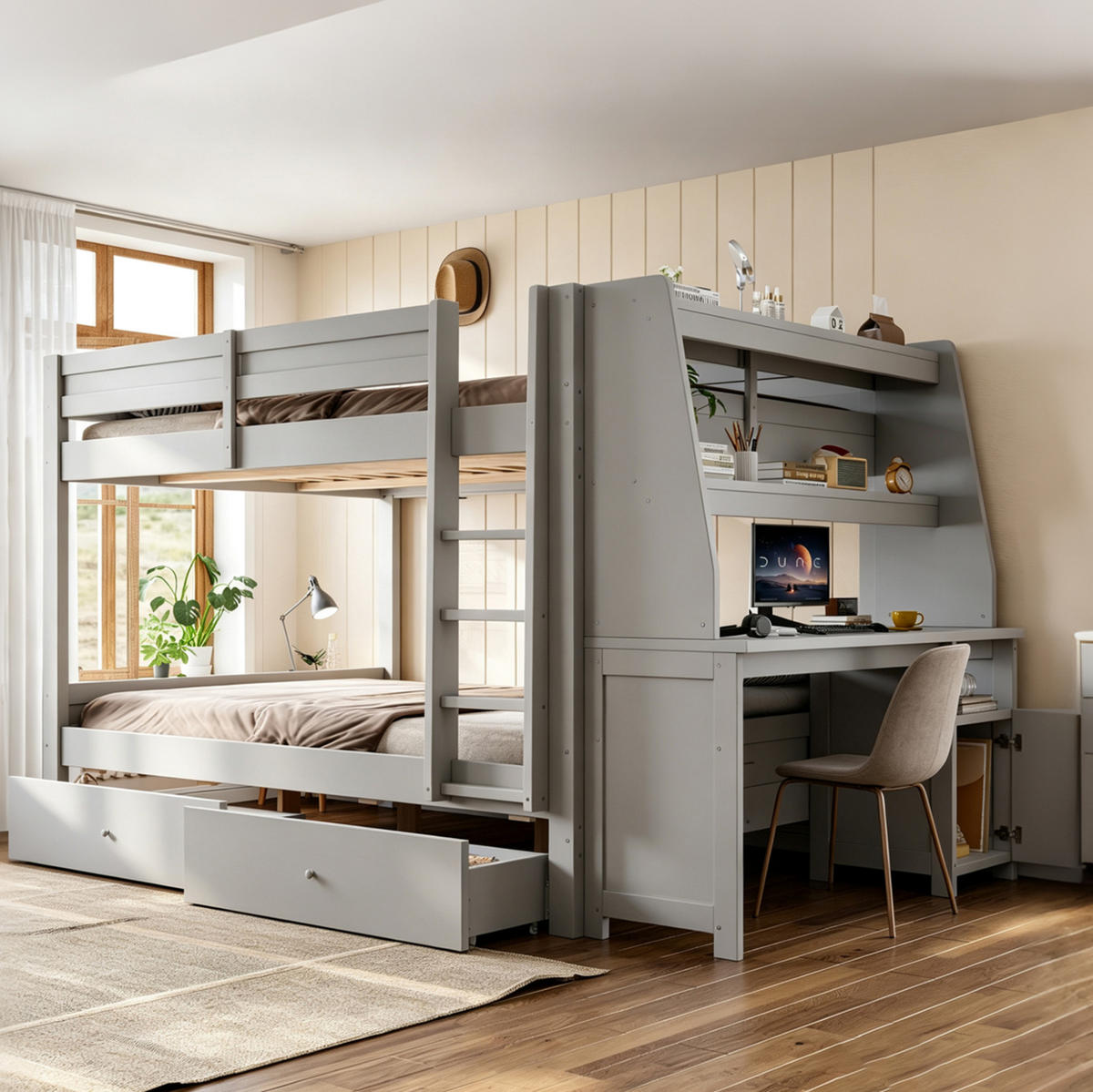 ETAGENBETT aus Holz 140x200 cm Grau mit Schreibtisch, Stauraum, Schubladen und Sicherheitsgeländer - Grau, Holz (140/200cm) - Modfu