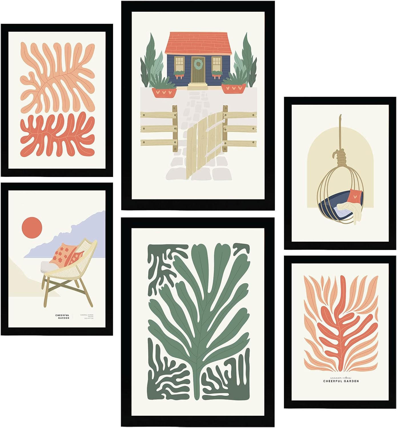 POSTER Set Mit 6 Minimalistischen In Pastellfarben Sommerkollektion Drucke Von Landschaften Und Natur Für Innenarchitektur A3 & A4 Schwarzer Rahmen - Schwarz, Papier (29/3cm) - Nacnic