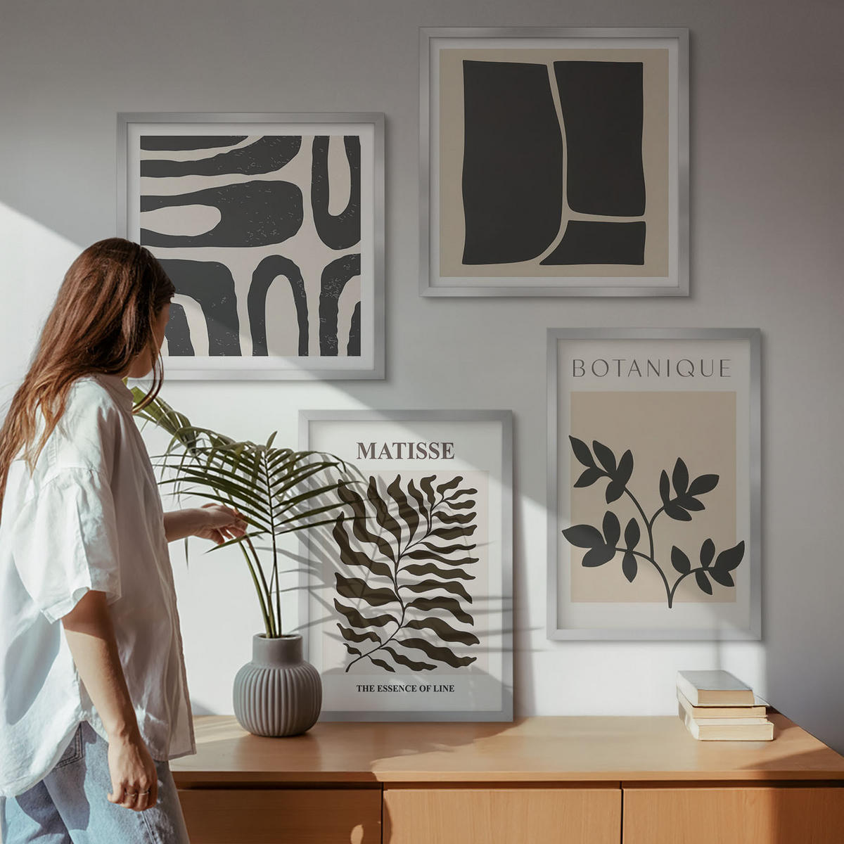 BILDER SET 4er Set - 50x50 cm & 40x60 cm Silberner Rahmen - Minimalistische Pflanzenposter - Silberfarben, Kunststoff (50/50cm) - TULUP