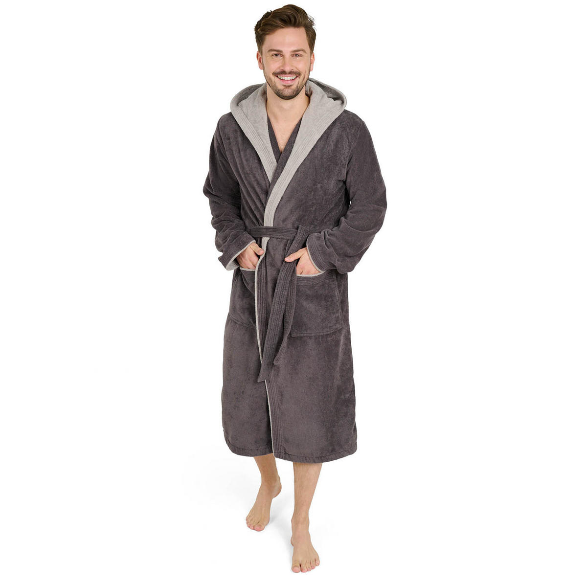 BADENMANTEL Herren L - mit gefütterter Kapuze aus 100% Baumwolle, Dunkelgrau|Grau - Dunkelgrau/Grau, Textil (Lnull) - Blumtal