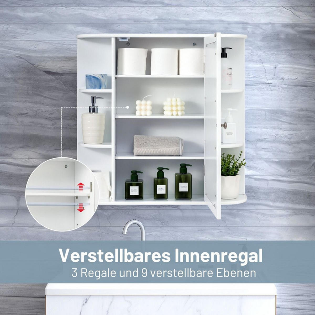 SPIEGELSCHRANK BAD mit 4 Fächern weiß - Weiß, Holzwerkstoff (66/62/16.5cm) - COSTWAY