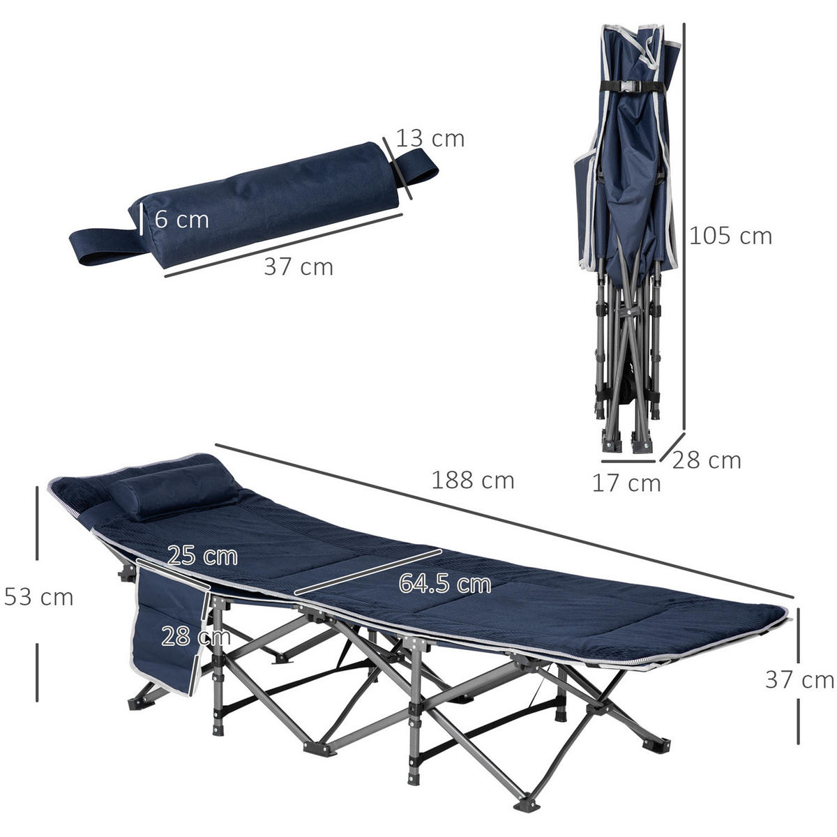 LIEGESTUHL Campingbett klappbar 150 kg Dunkelblau 188/64,5/53 cm - Dunkelblau, Metall (64.5/188cm) - Kaket