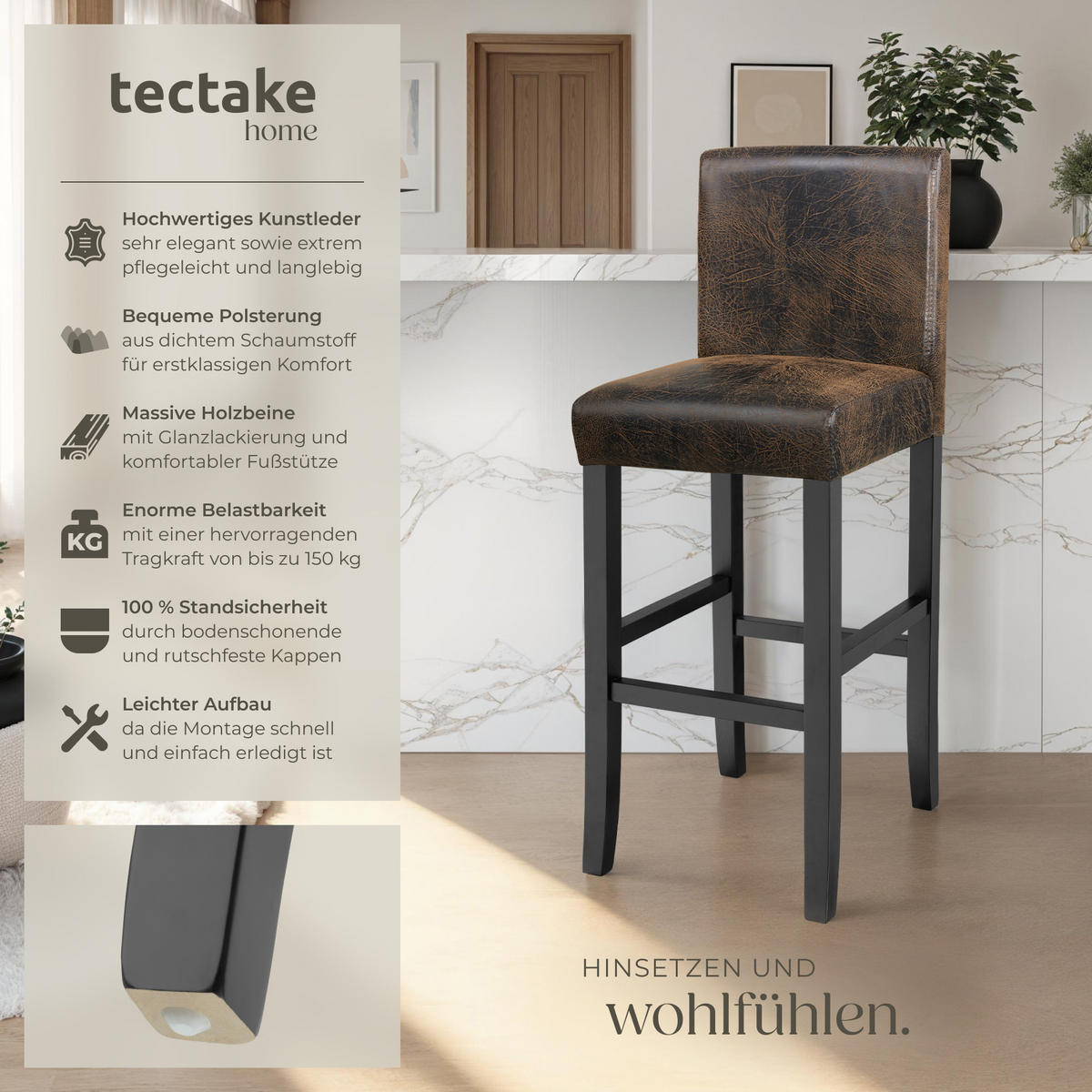 BARHOCKER 4er Set Kunstleder, Sitzhöhe 76 cm,antikbraun - Anthrazit/Braun, Holz (40/107/41cm) - tectake