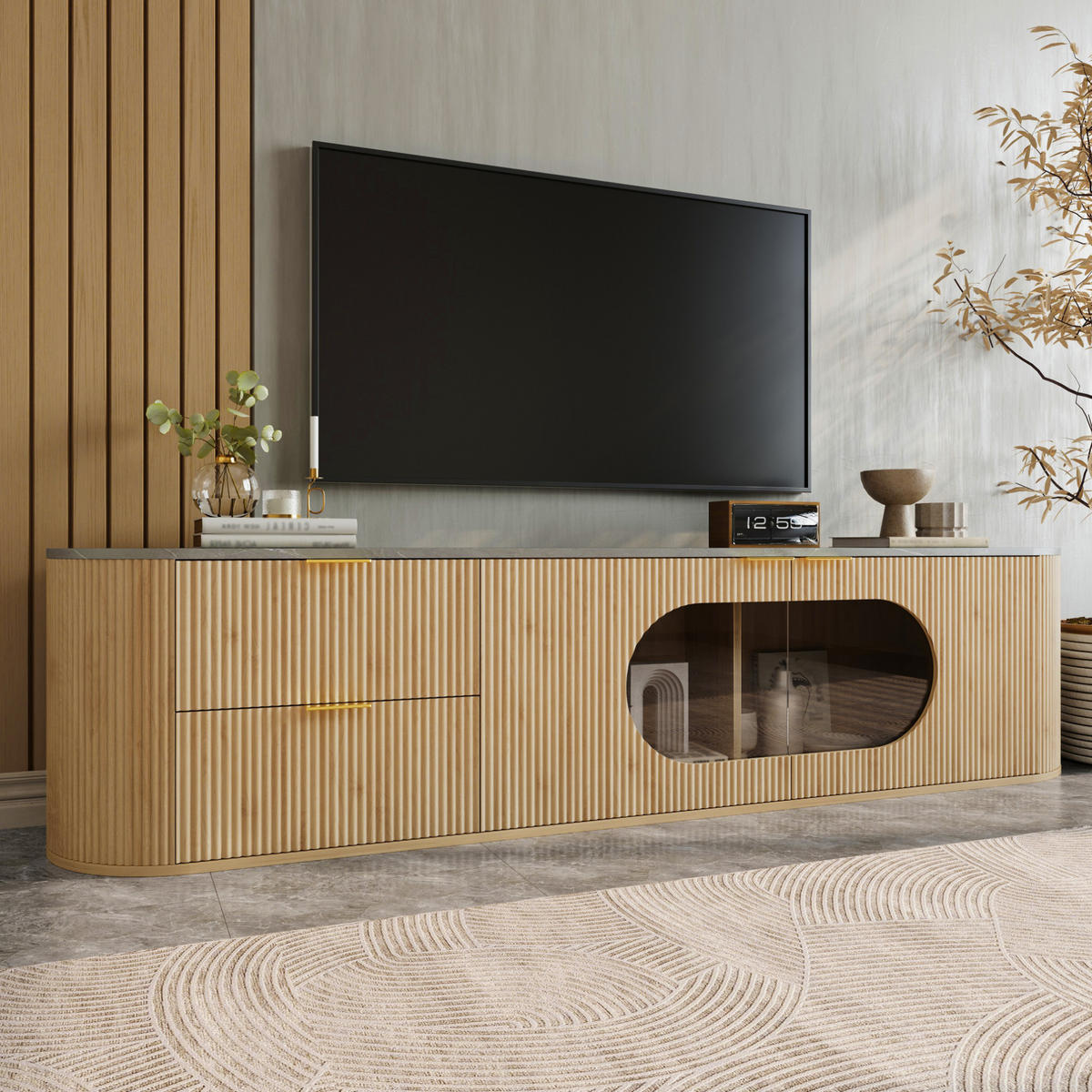LOWBOARD 172/38/45.5 cm Natur aus MDF und Glas mit ovaler Vitrine - Hellbraun, Holzwerkstoff (38/45.5/172cm) - OKMYHOME