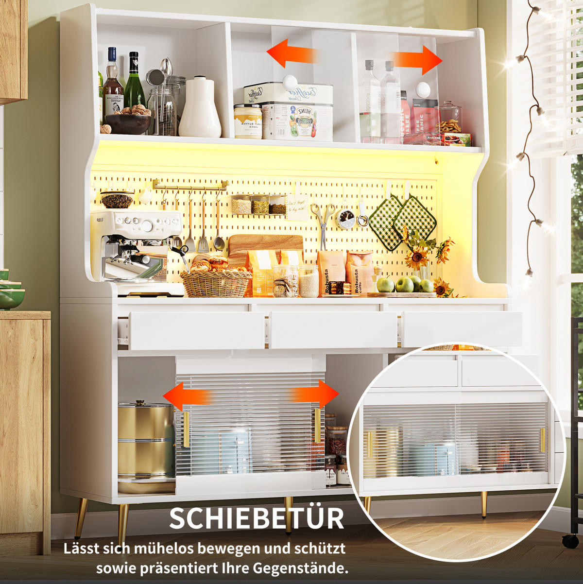BUFFET 145/39/171 cm aus MDF und Glas mit LED-Beleuchtung und Schiebetüren Weiß - Weiß, Holzwerkstoff (145/171/39cm) - Modenvie