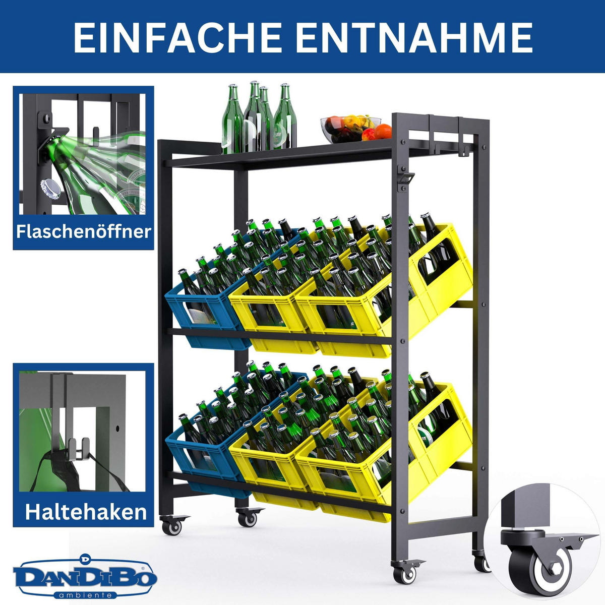 GETRÄNKEKISTENREGAL 6 Kisten mit Ablagefäche Rollen Haken Metall Schwarz - Schwarz, Metall (110/119/32cm) - DanDiBo