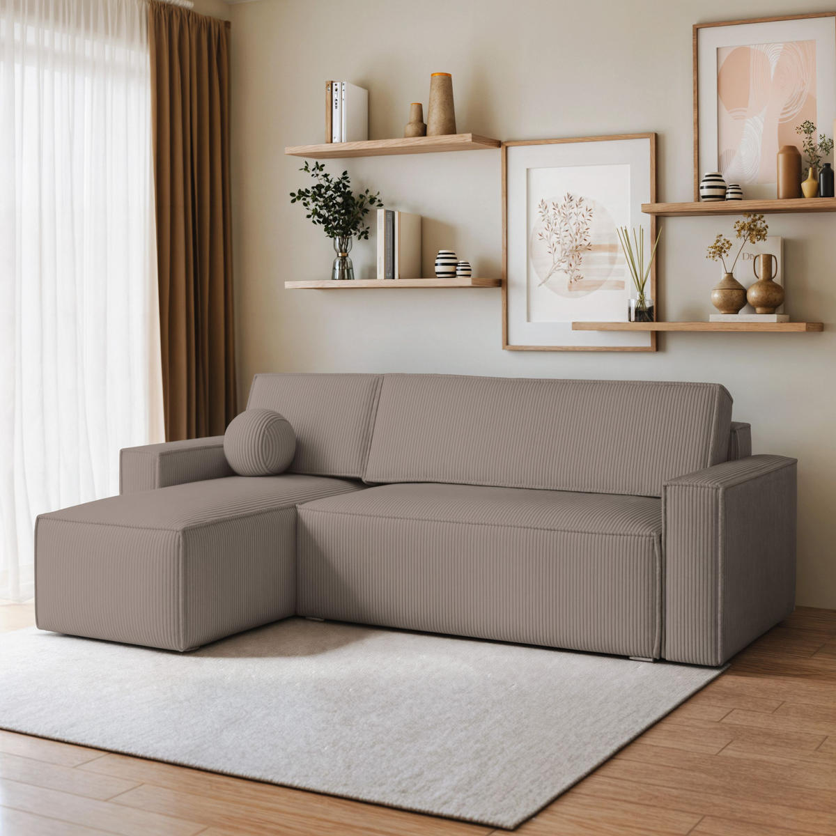 ECKSOFA RAVELO P Beige Kordstoff mit Schlaffunktion - Beige, Holz (240/140cm) - MASSENO