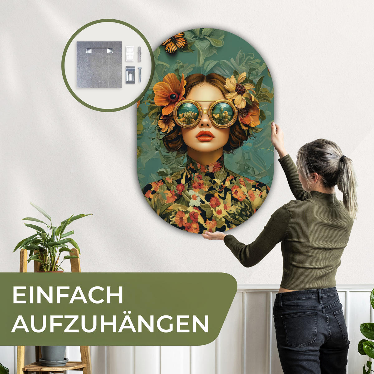 WANDBILD Frau - Blumen - Schmetterlinge - Natur - Vintage 80x120 cm - Petrol, Kunststoff (80/120cm) - MuchoWow