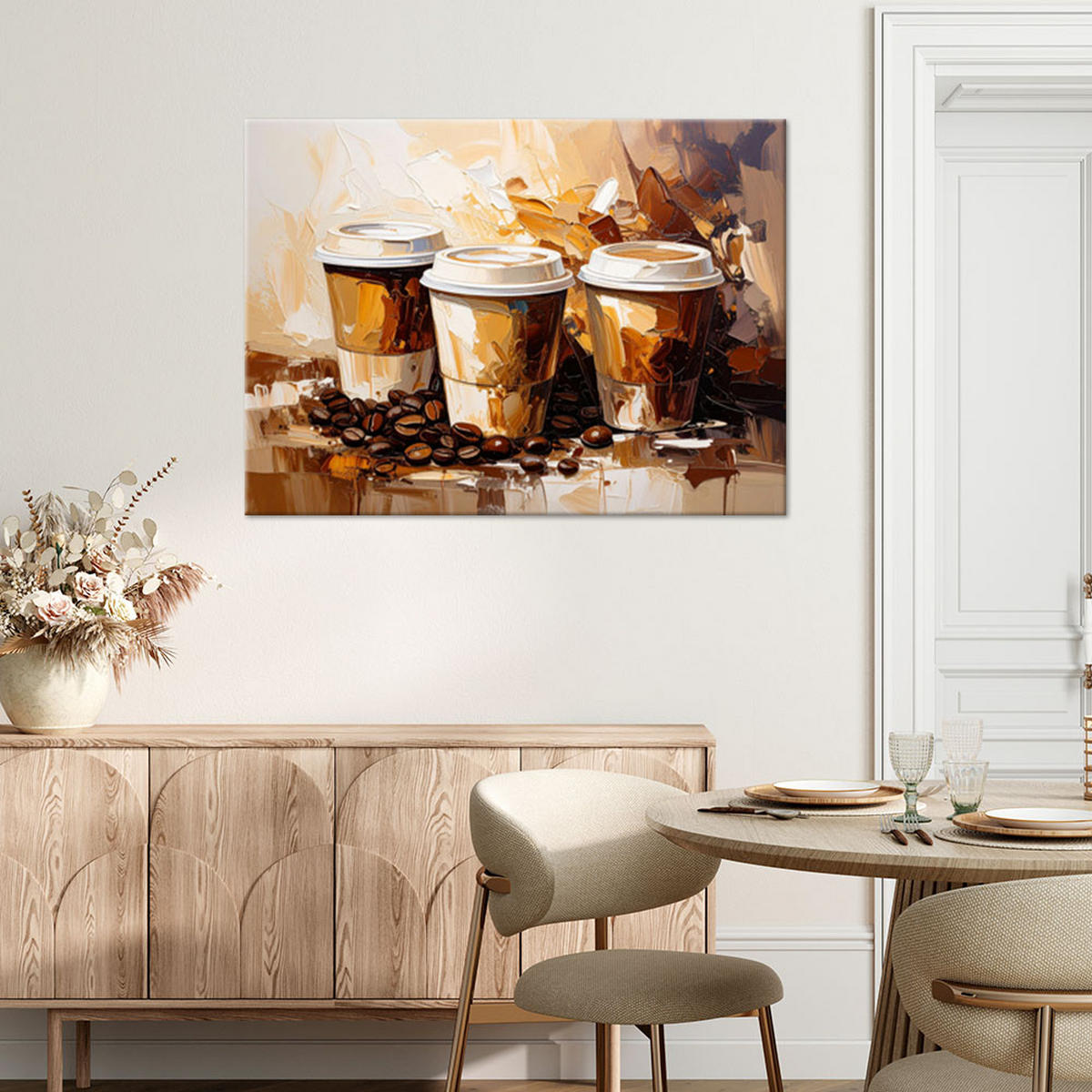 LEINWANDBILD Kaffeetassen in Ölfarbe imitiert in Beige 120x80cm - Braun, Textil (120/80cm) - Feeby