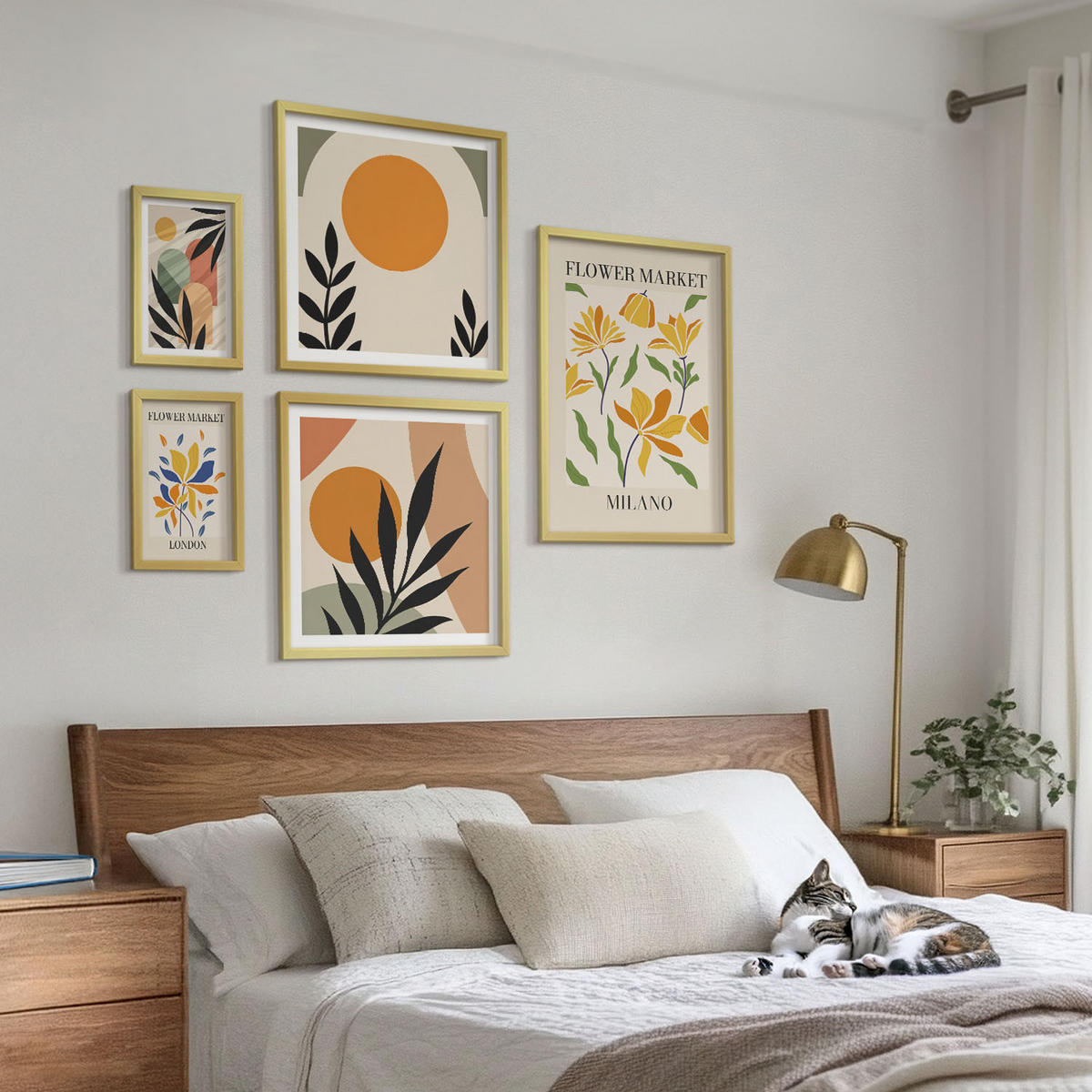 WANDBILDER 5er Set - 50x50 cm & 20x30 cm & 40x60 cm Goldrahmen - Abstrakte geometrische Formen - Goldfarben, Kunststoff (40/60cm) - ArtPrintCave