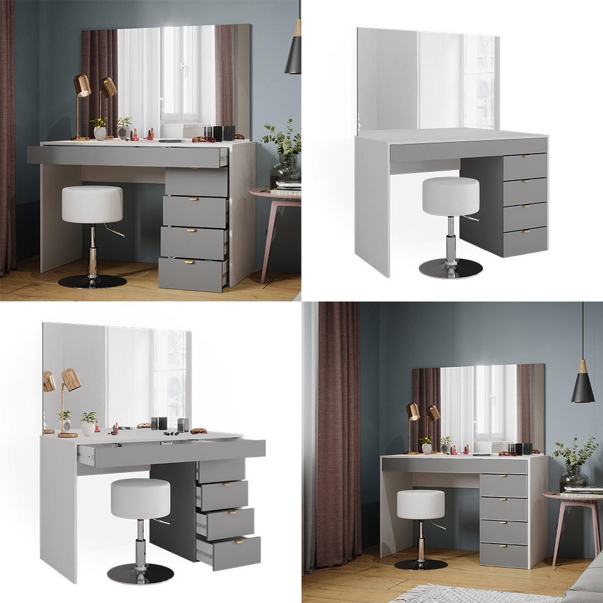 SCHMINKTISCH Elise Weiß/Grau/Grau 115 cm mit Hocker - Weiß/Grau, Holzwerkstoff (115/76/55cm) - Vicco