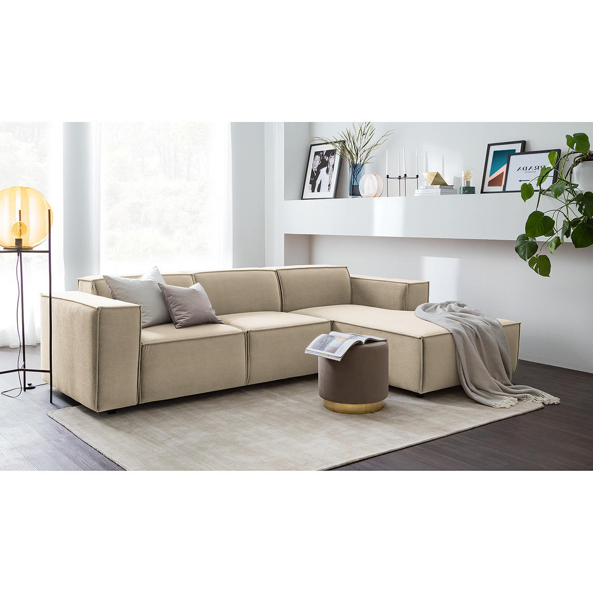 ECKSOFA mit Longchair - Beige/Schwarz, Kunststoff/Textil (260/177cm) - home24