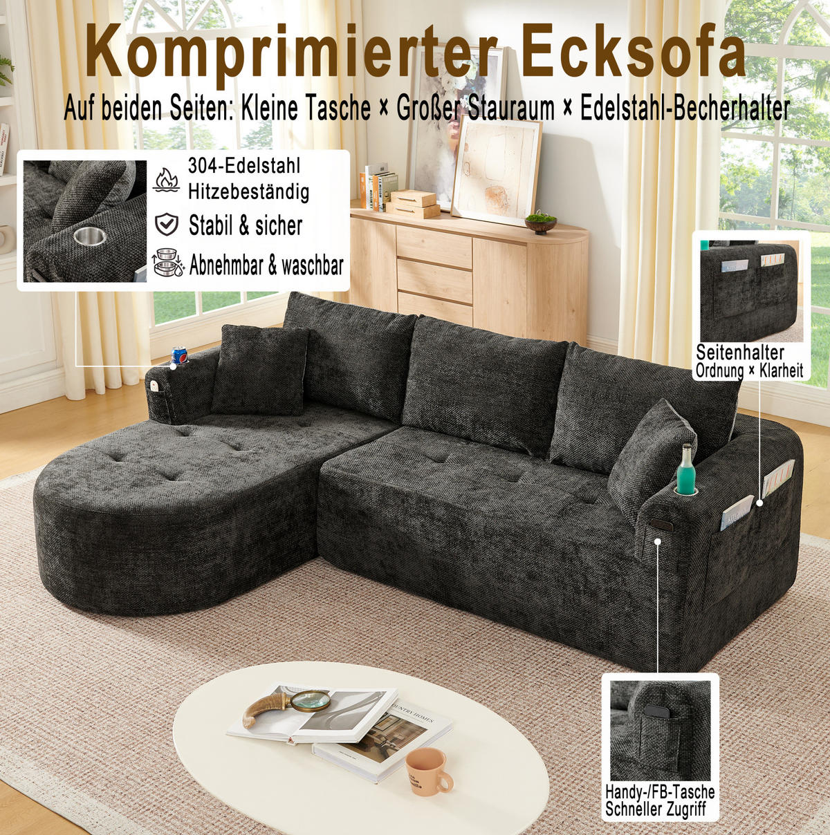 ECKSOFA L-Form montagefrei mit Edelstahl-Becherhalter, Seitentaschen und Leinenbezug, Schwarz - Schwarz, Textil (255/170cm) - Redom