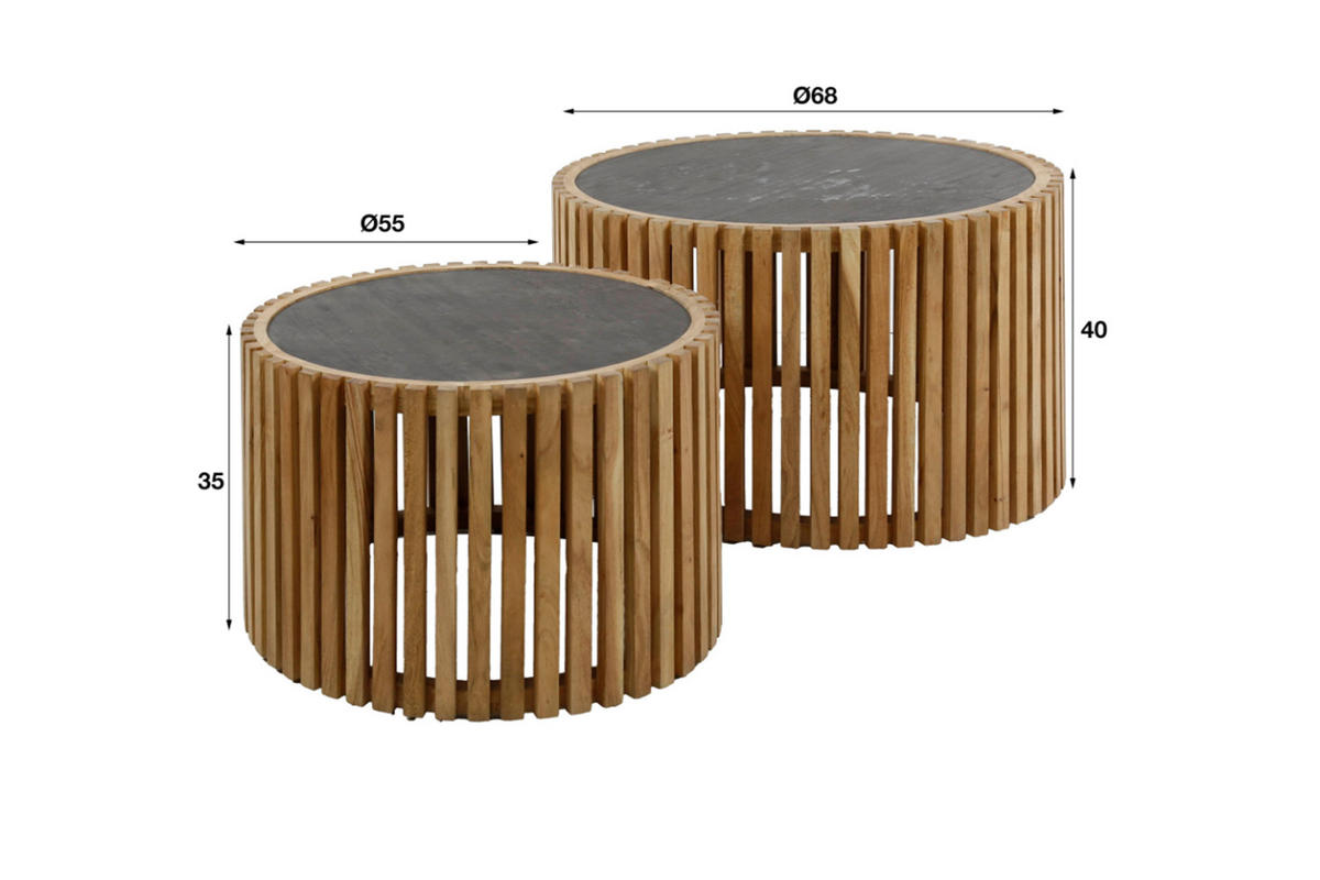 COUCHTISCH-SET PINE Schwarz Stein - Schwarz/Braun, Akazienholz/Stein (68/68/40cm) - KAWOLA