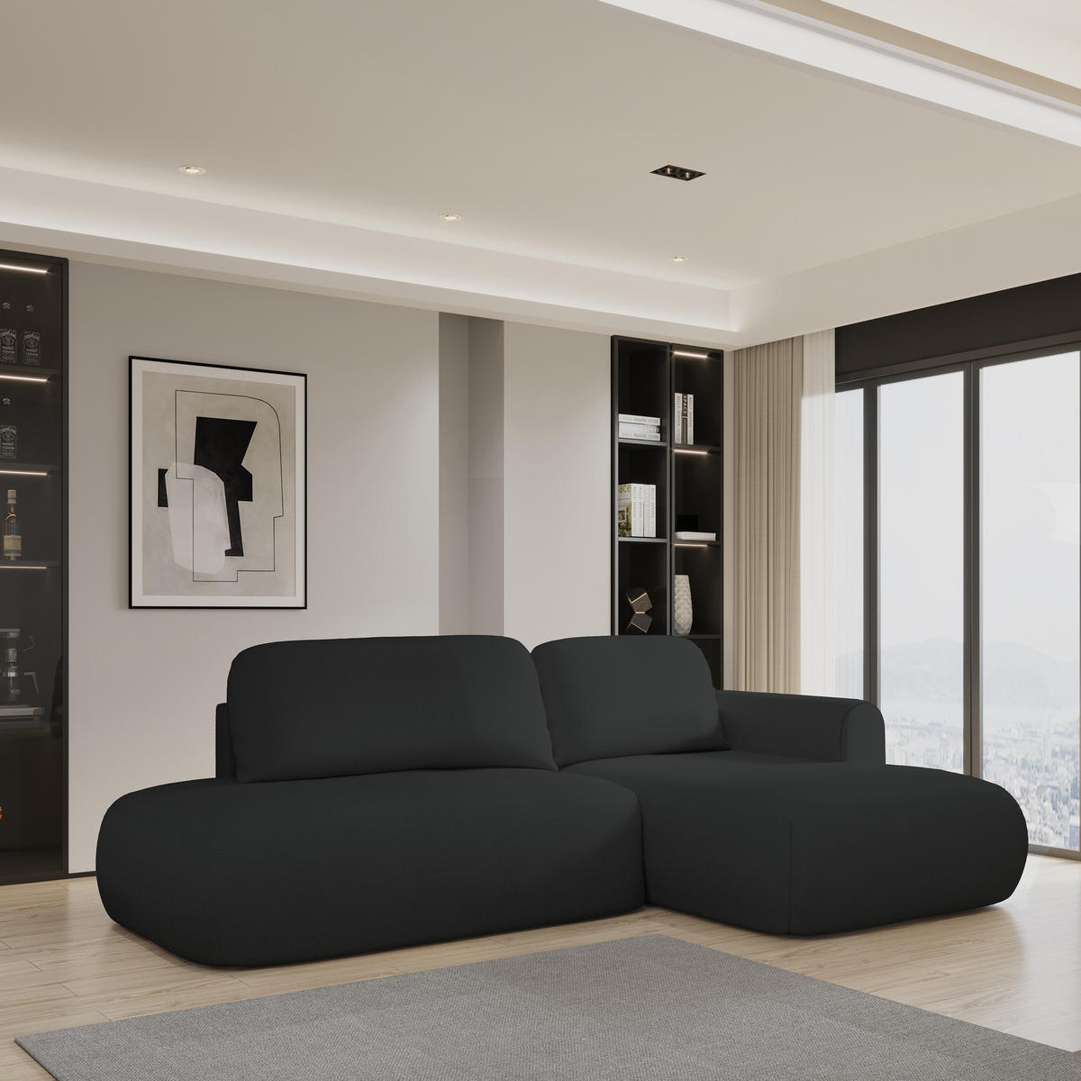 ECKSOFA NUVIRA R-S Schwarz Geflochtener Stoff mit Schlaffunktion - Schwarz, Holz (274/165cm) - MASSENO