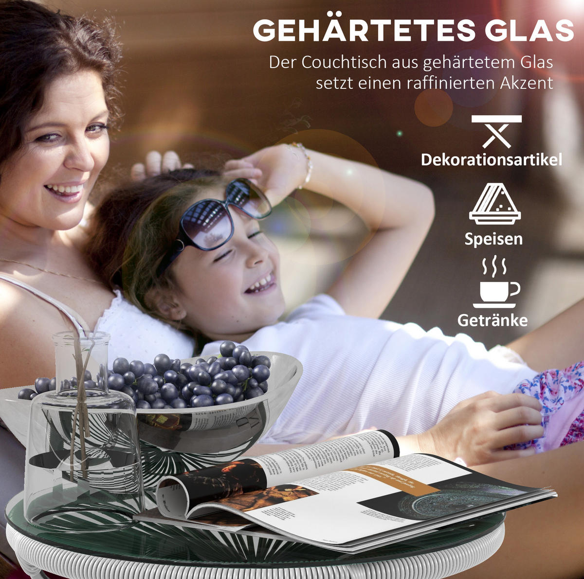BEISTELLTISCH aus Metall 50x50x50 cm Grau mit Glasplatte und PE-Rattan im Boho-Stil - Grau, Metall (50/50/50cm) - Modfu