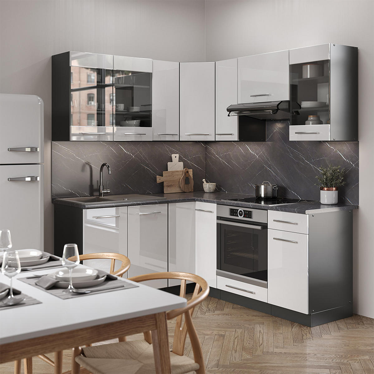 ECKKÜCHE Fame-Line Weiß Hochglanz/Anthrazit 160 x 190 cm, AP Marmor - Weiß Hochglanz/Anthrazit, Holzwerkstoff (190/81.6/60cm) - Vicco