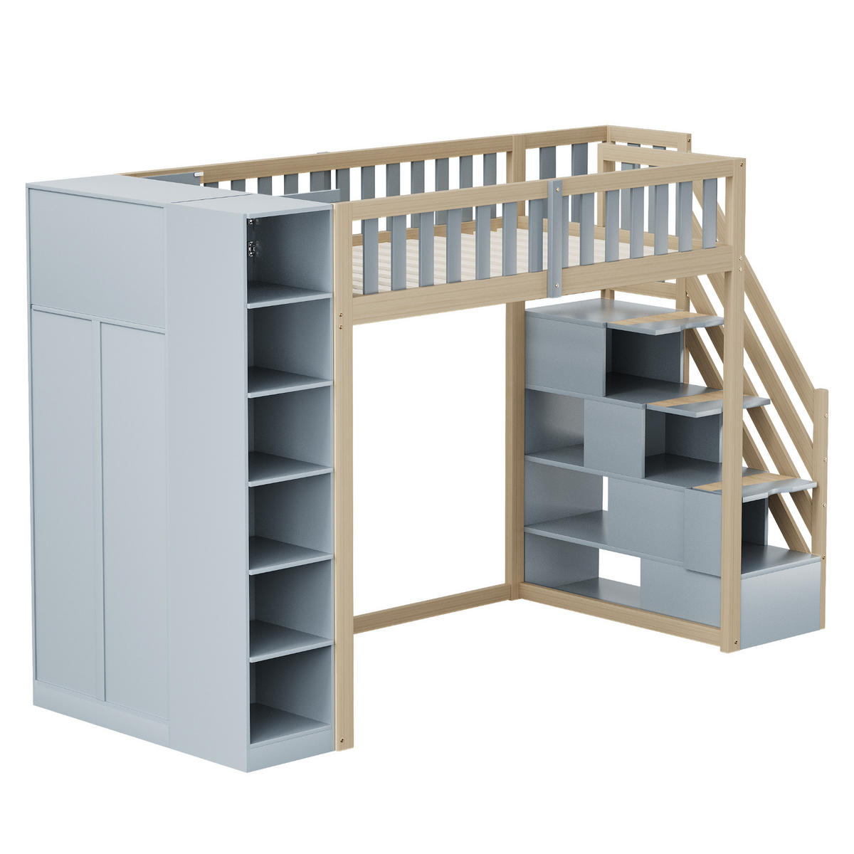 HOCHBETT 90/200 cm DE-01656, in Grau & Holz, mit Kleiderschrank, Regalen und Stauraumleiter - Grau, Holz (90/200cm) - ComfortXL