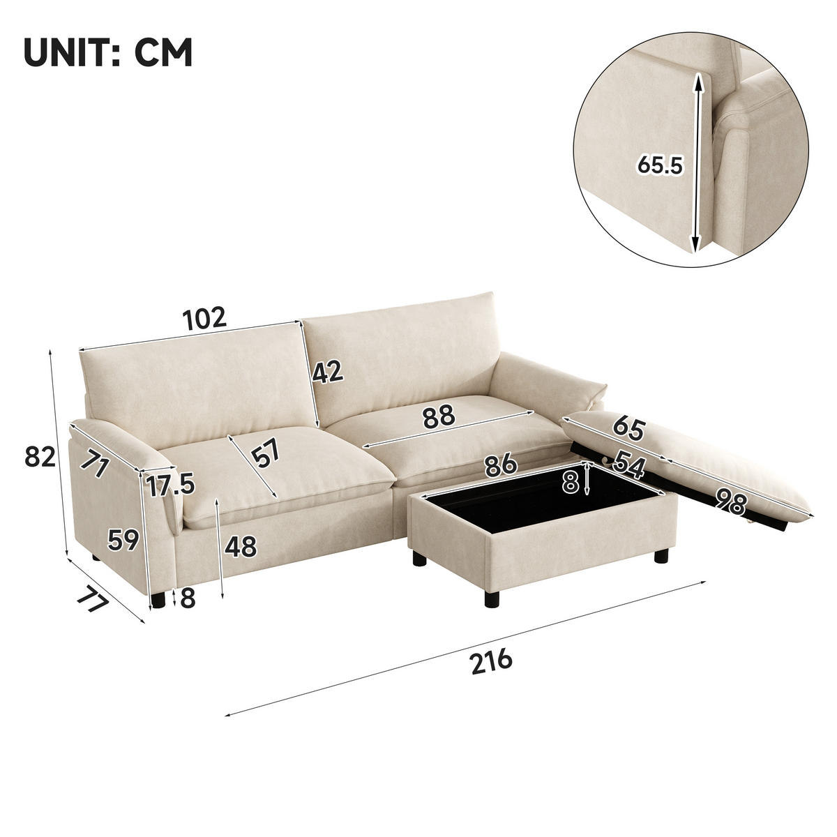 SOFA Beige U-Form Cloud Modular Deep Seat 216cm Hocker - Beige, Textil (77/82/216cm) - FLIEKS