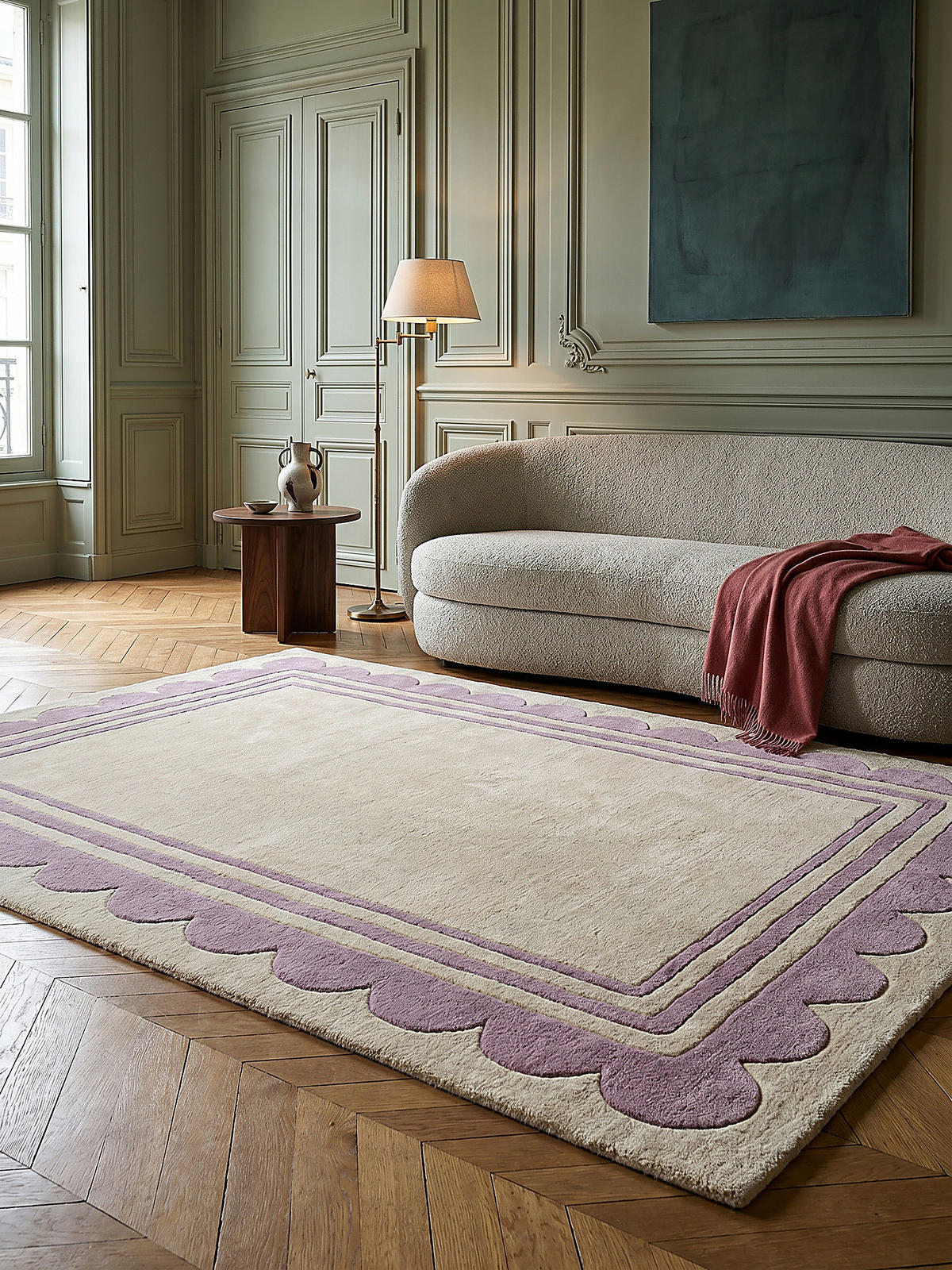 WOLLTEPPICH Grafisches Muster, Rahmen, Wohnzimmer schmutzabweisend Lila-Beige Rechteckig 160x230 - Lila, Textil (230/160cm) - KADIMA DESIGN
