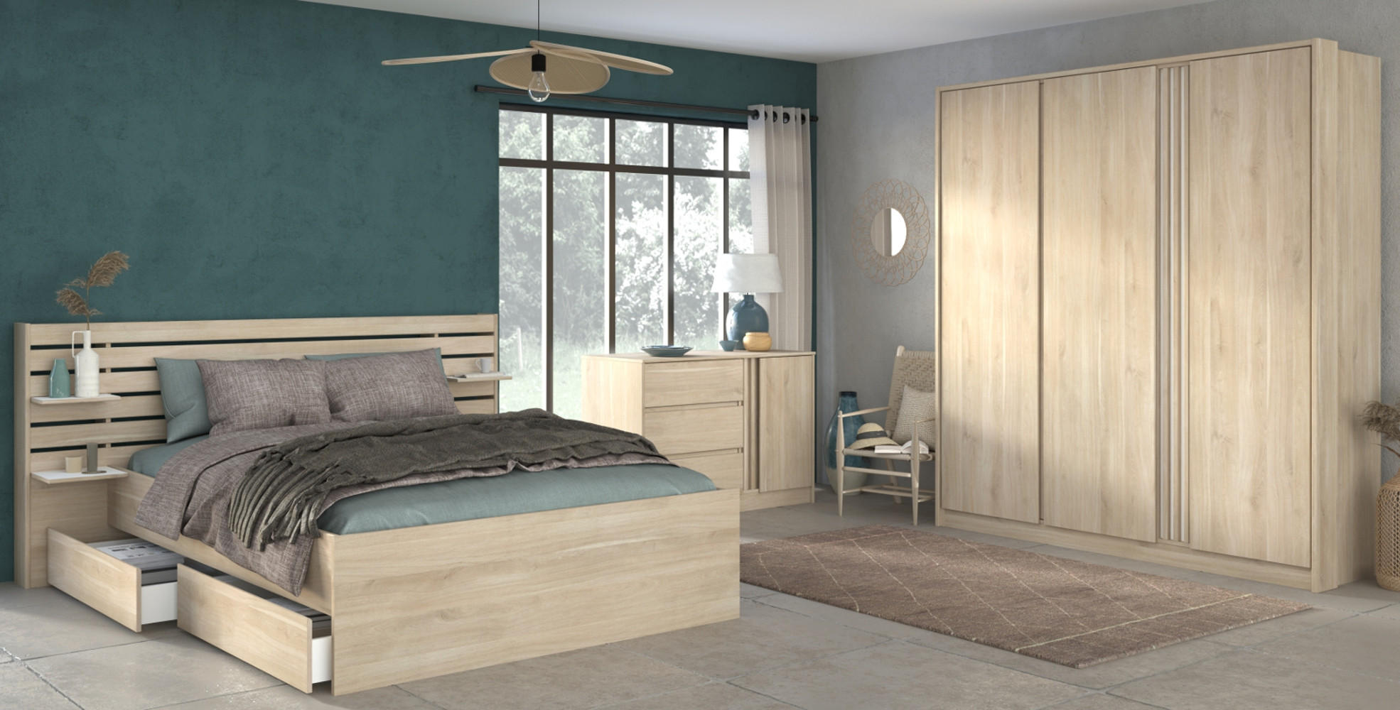 SCHLAFZIMMER komplett Set Stauraumbett 140x200 mit Kleiderschrank - Eichefarben, Holz/Holzwerkstoff (140/203/200cm) - Parisot Meuble