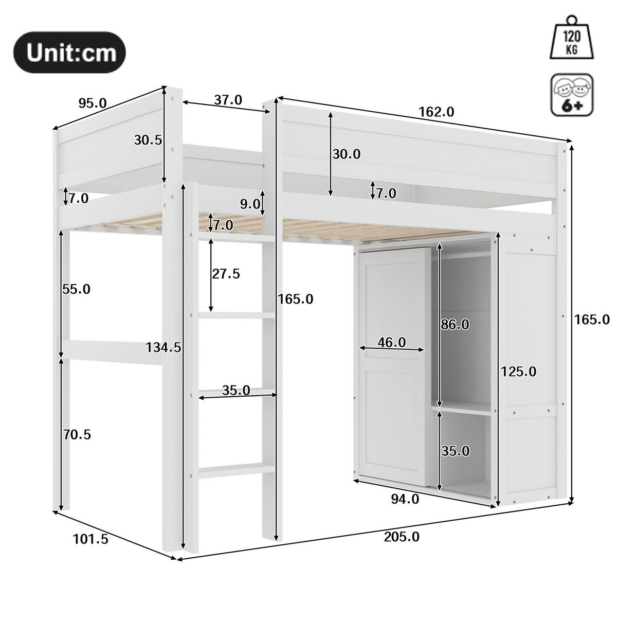 HOCHBETT 90/200 cm in Weiß – mit Kleiderschrank, Staufach und Leiter - Weiß, Holz (90/200cm) - BEAOK