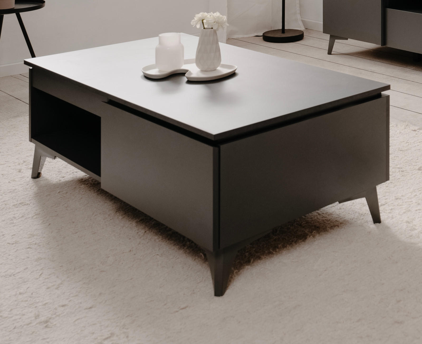 COUCHTISCH grau, Schiefer 100 cm, Wohnzimmertisch mit Schublade - Schieferfarben/Dunkelgrau, Holzwerkstoff/Kunststoff (55/100/40cm) - Furn.Design