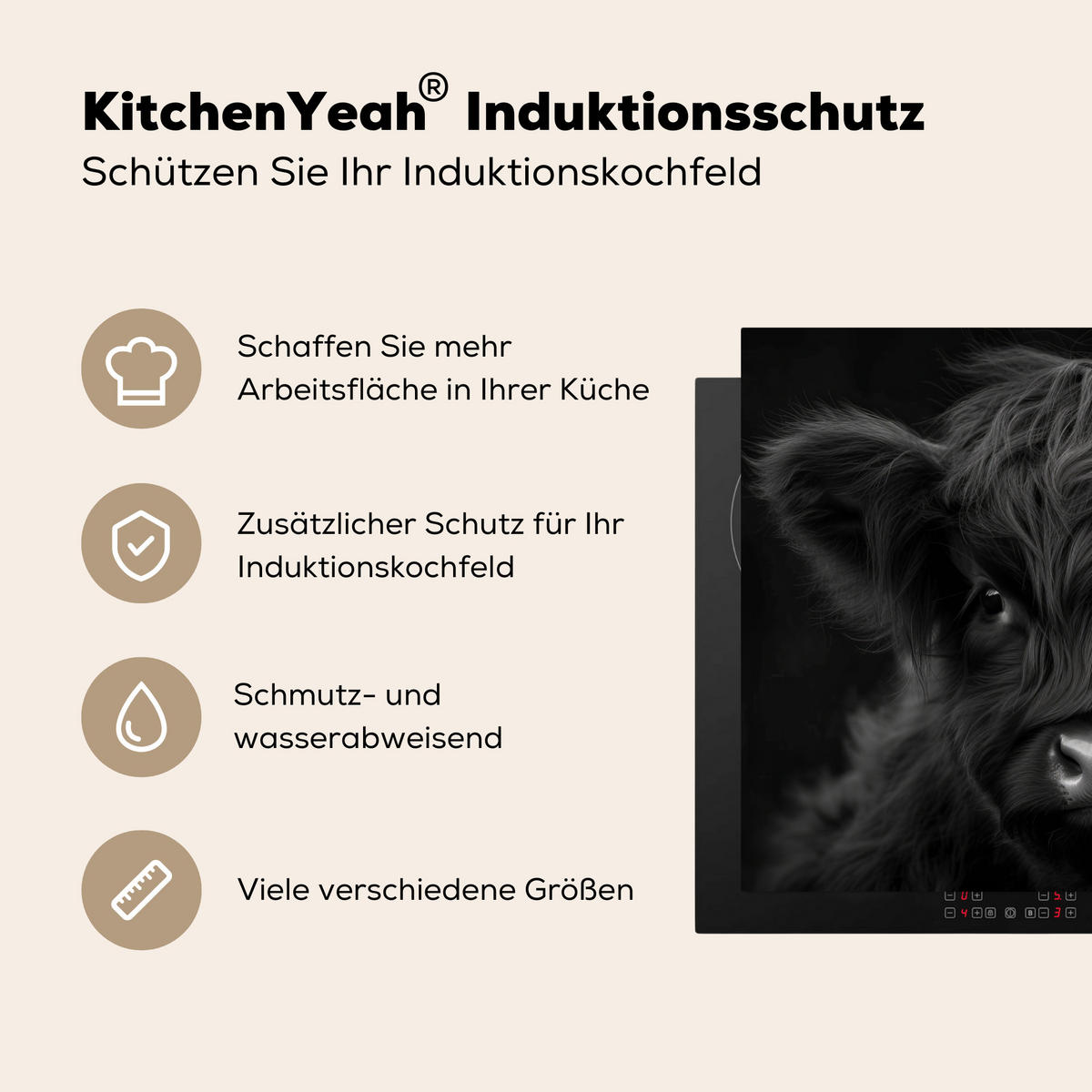 HERDABDECKPLATTE Scottish Highlander - Schwarz - Kalb - Kuh Induktionsmatte 77x59 cm - Schwarz, Kunststoff (77/59/0.2cm) - MuchoWow