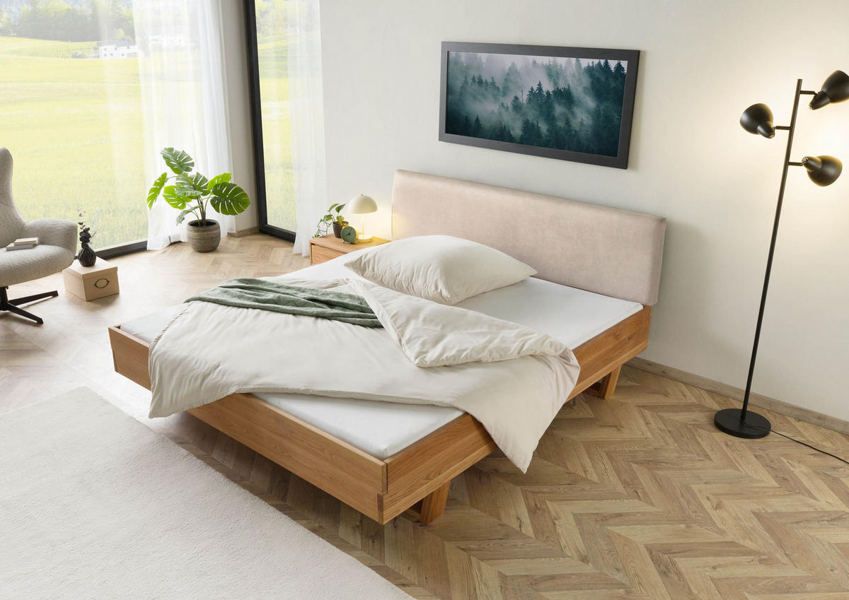 BETT mit Nachttisch Massivholz Eiche 160 x 200 x 86 natur FICHTELBERG #150 - Beige/Naturfarben, Holz (160/200cm) - Massivmoebel24