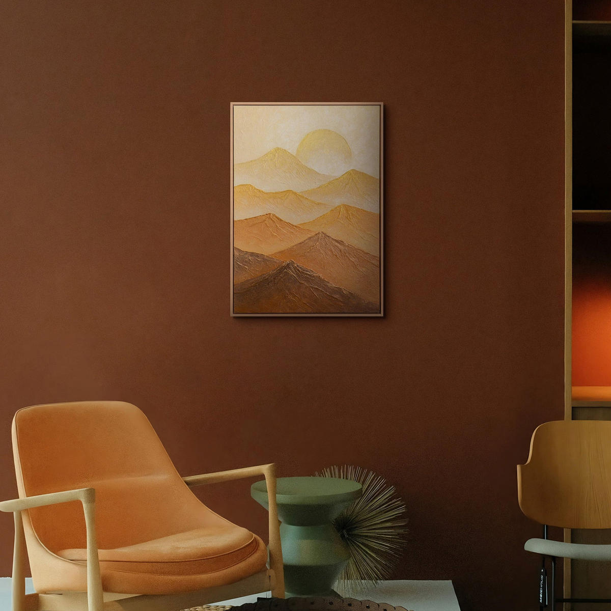 GEMÄLDE Sonnenberge Schattenfugenrahmen Eichefarben 70x50 cm - Eichefarben, Holz (70/50cm) - YS-art gallery
