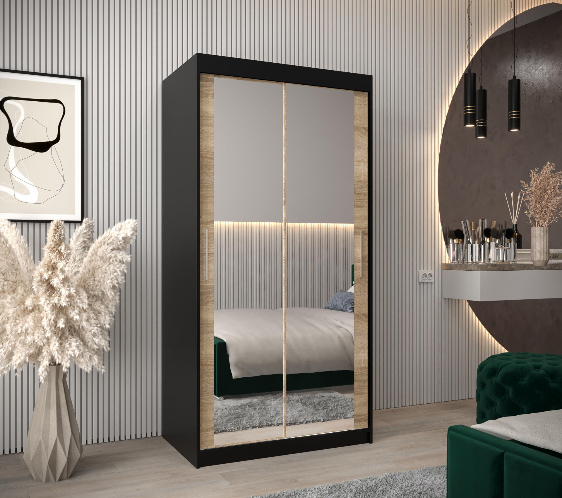 SCHWEBETÜRENSCHRANK 200/100/62 2-türig - Silberfarben/Schwarz, Holz/Kunststoff (100/200/62cm) - Abiks Möbel