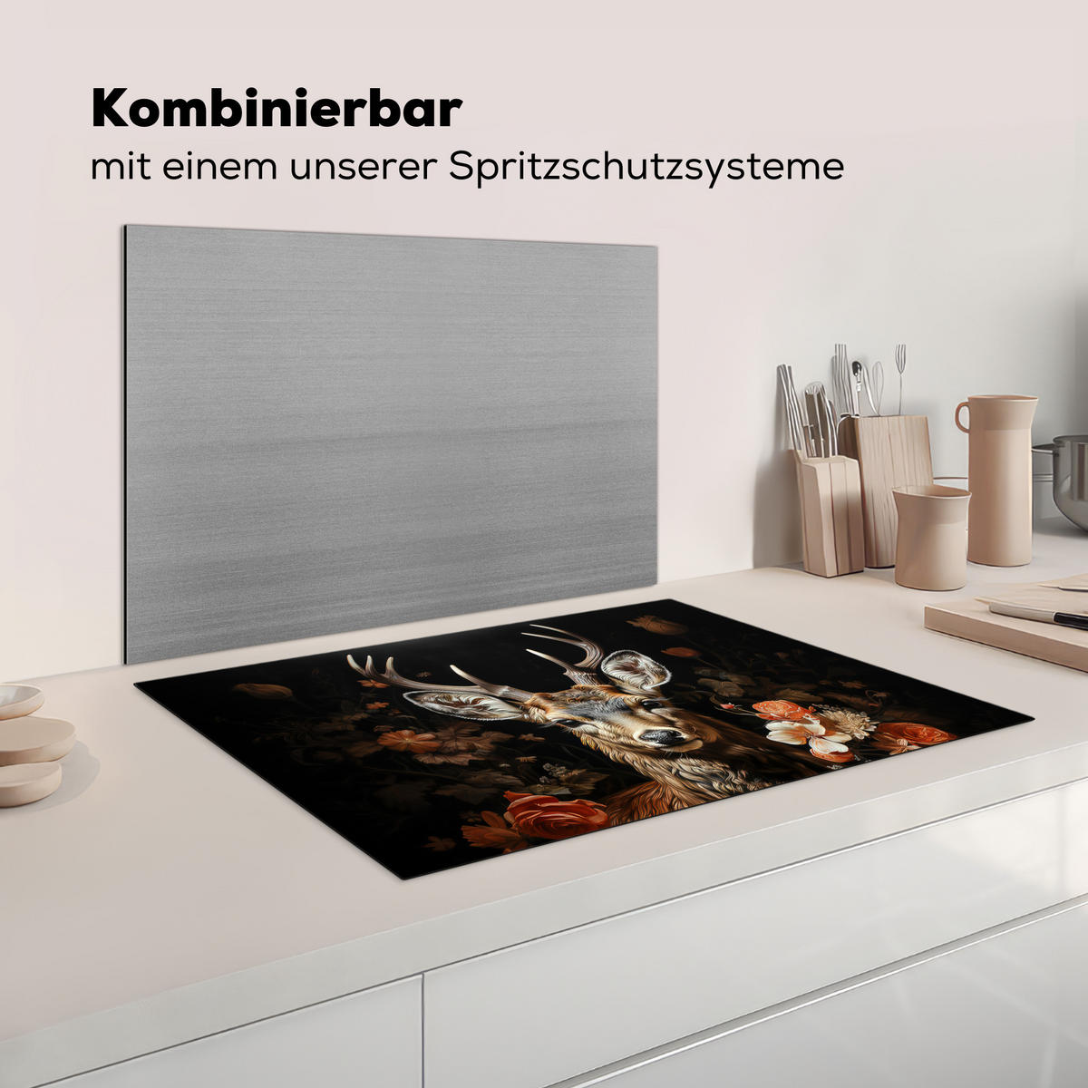 KRYT NA INDUKČNÍ DESKU Jelen - Zvíře - Květiny - Příroda - Botanický 76x51.5 cm - měděná, plast (76/51.5/0.2cm) - MuchoWow