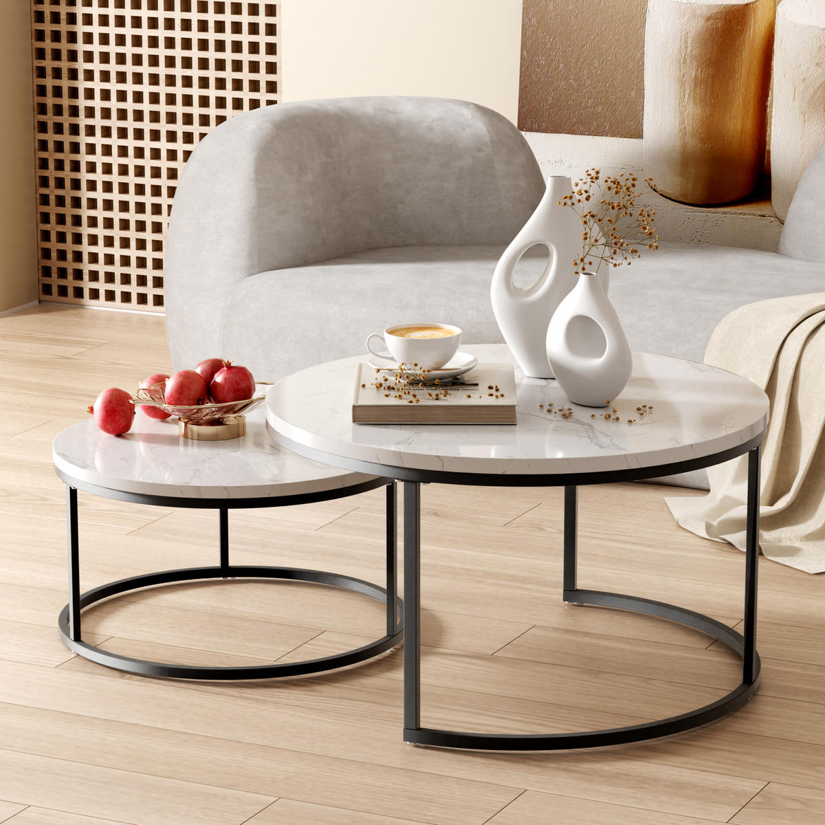 COUCHTISCH 2er-Set mit Eisenrahmen und MDF-Platte - Weiß, Holzwerkstoff (80/80/45cm) - OKWISH